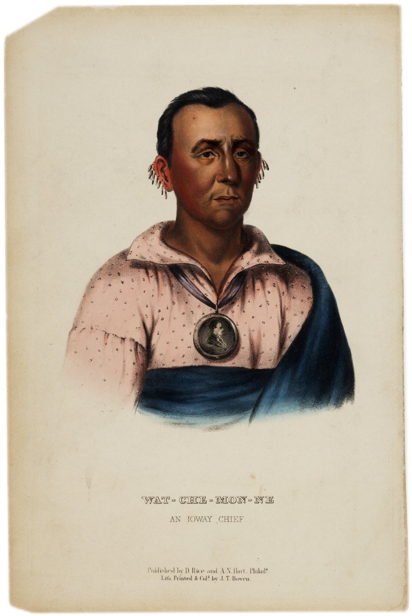 Wat-Che-Mon-Ne, capo Ioway, stampa realizzata da J. T. Bowen, illustrazione da The History of the Indian Tribes of North America di Thomas L. McKenney e James Hall, c.1842-70 da American School