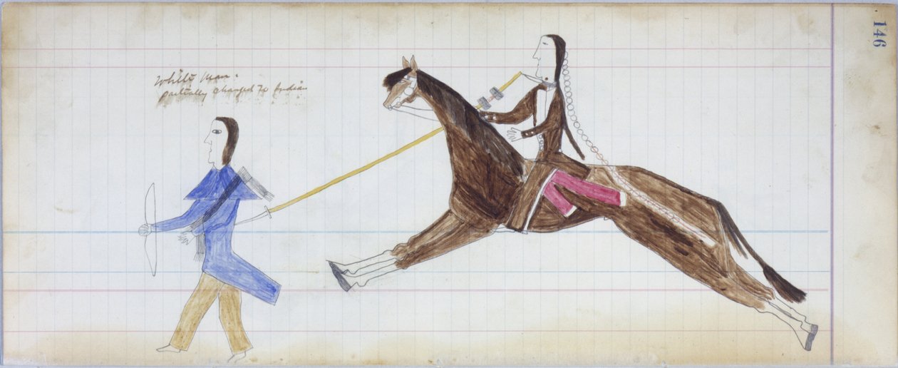Uomo bianco parzialmente trasformato in indiano, illustrazione dal Black Horse Ledger, 1877-79 da American School