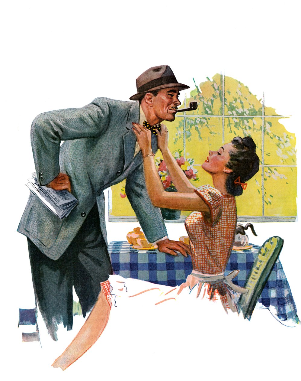 La moglie aggiusta la cravatta del marito prima che esca per andare al lavoro da American School