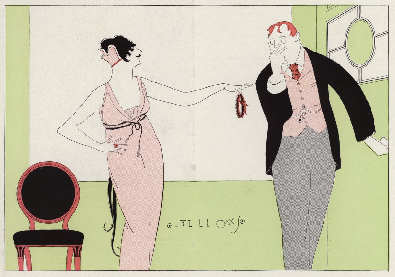 Donna che accusa il marito di infedeltà, scena del racconto Circumstantial Tokens di J A Waldron (litografia a colori) da American School