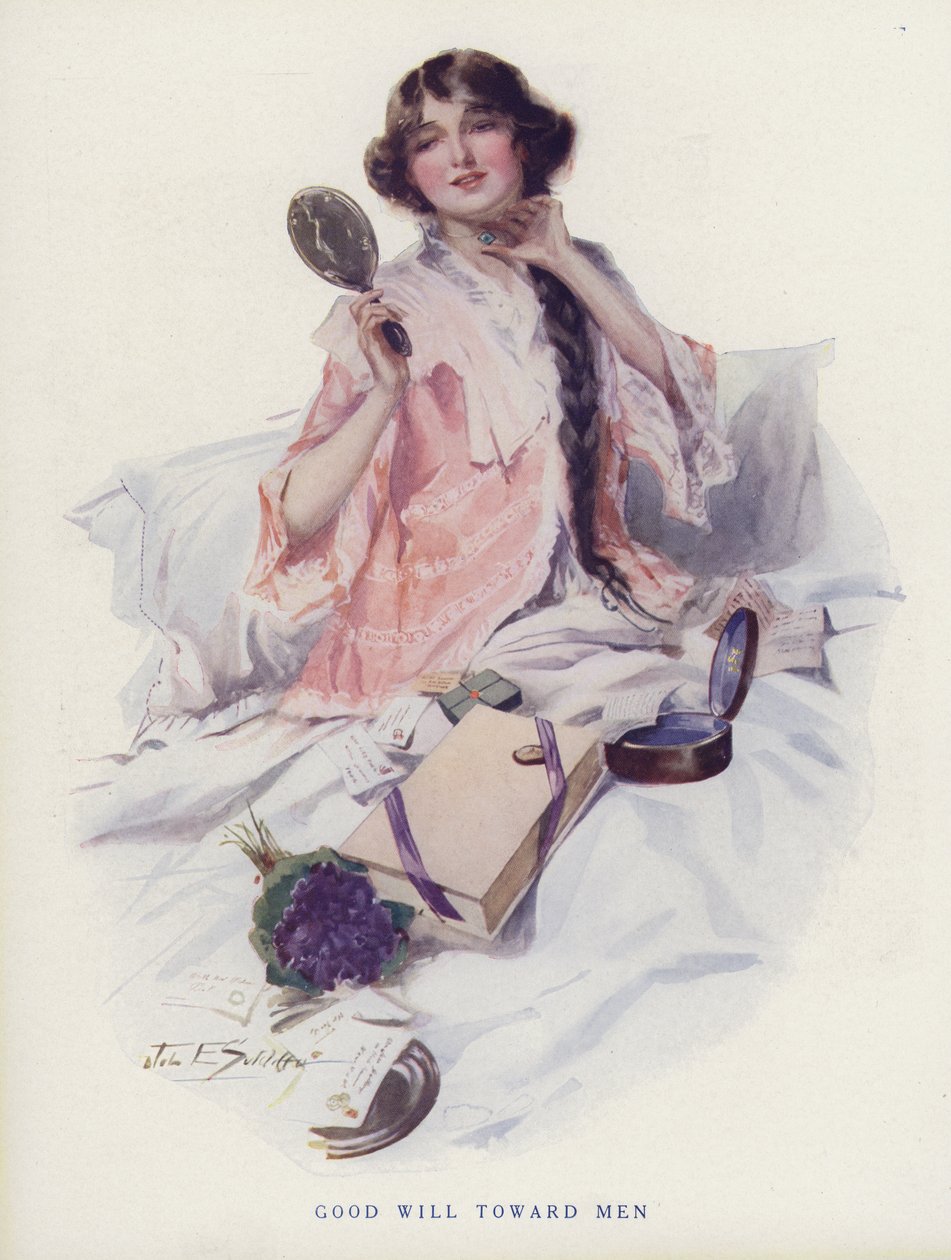 Donna che sfoglia i regali dei suoi ammiratori maschi (litografia a colori) da American School