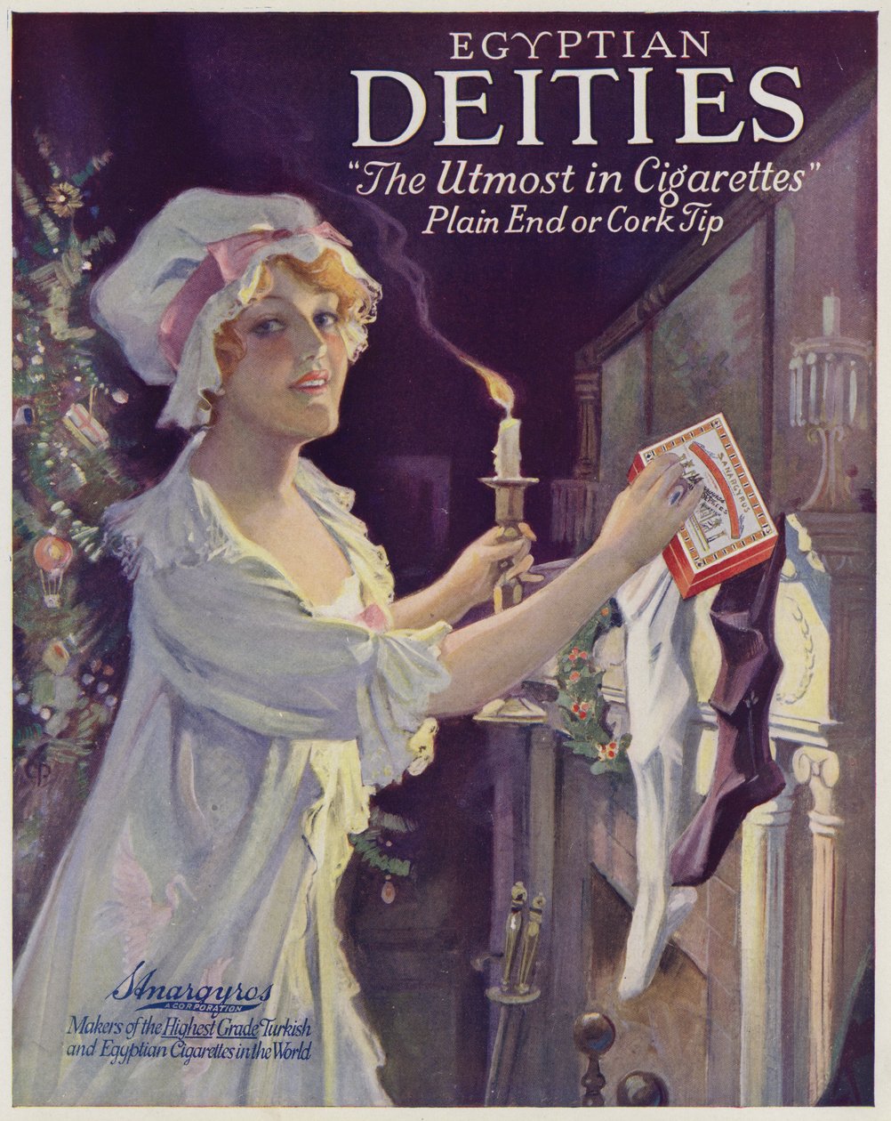 Donna che ripone le sigarette in una calza natalizia, scongiuro per le sigarette delle divinità egizie (litografia a colori) da American School