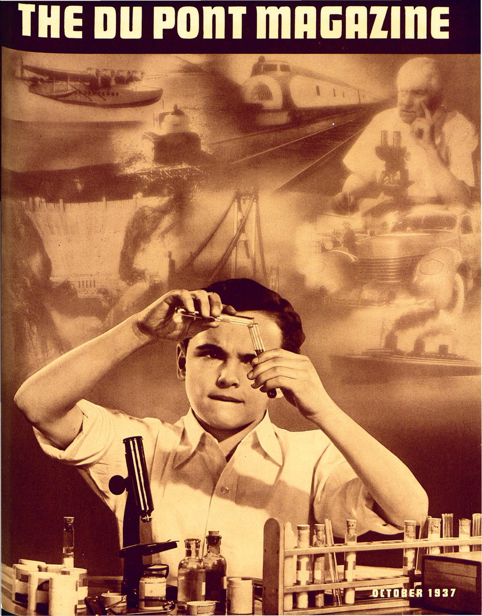 Ragazzo con set di chimica, copertina della rivista DuPont, ottobre 1937 da American School