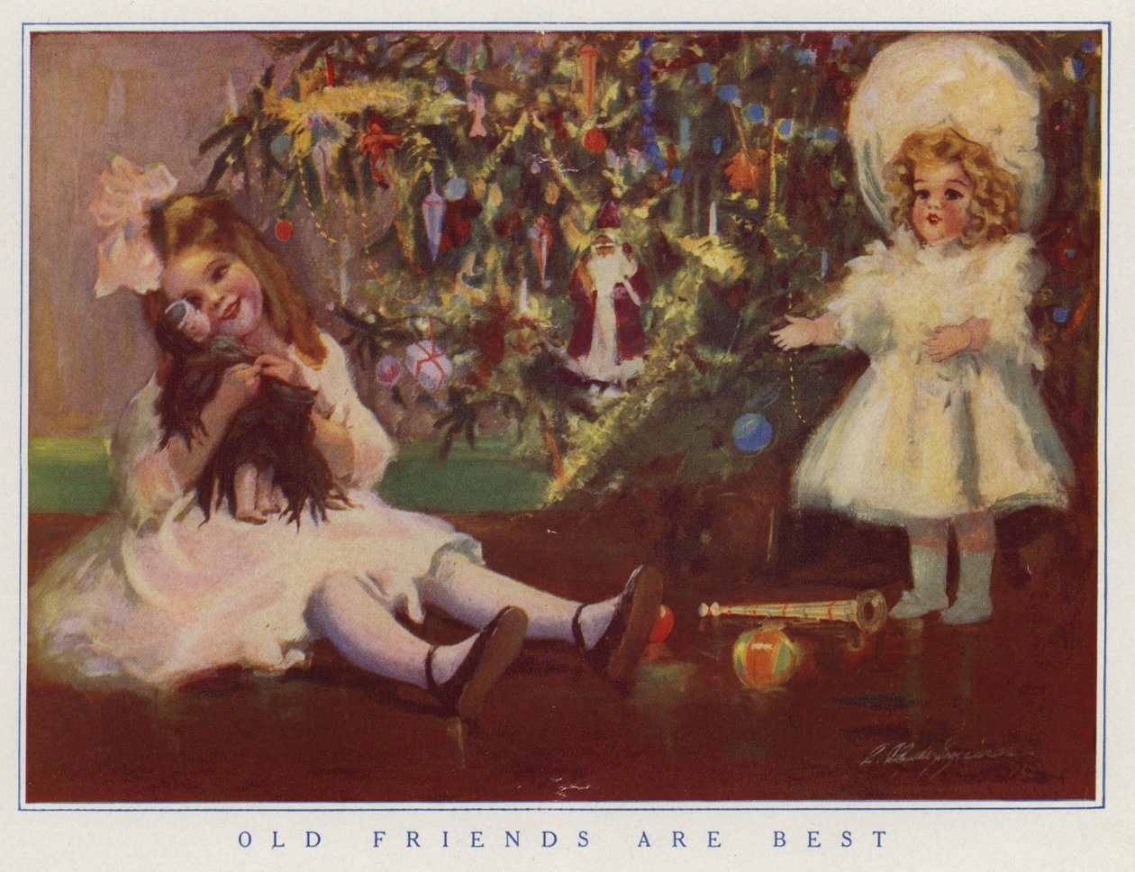 Bambina che tiene in mano la sua vecchia bambola invece di quella nuova che le è stata regalata per Natale (litografia a colori) da American School