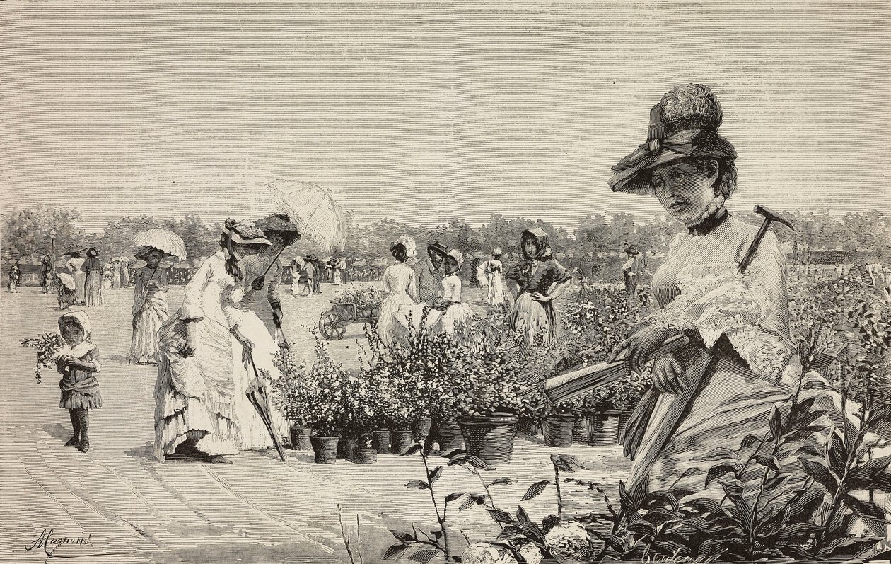 Donne che camminano a Brera, Milano, Italia, incisione dal dipinto Maggio di Amerino Cagnoni (1853-1923) da Amerino Cagnoni