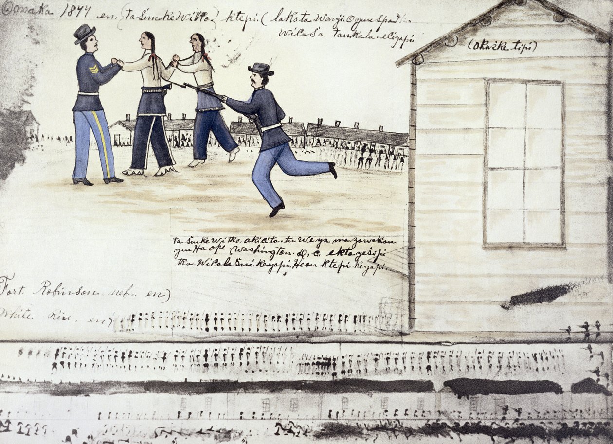 La morte di Cavallo Pazzo (c.1842-77) nel 1877, Fort Robinson, Nebraska da Amos Bad Heart Buffalo