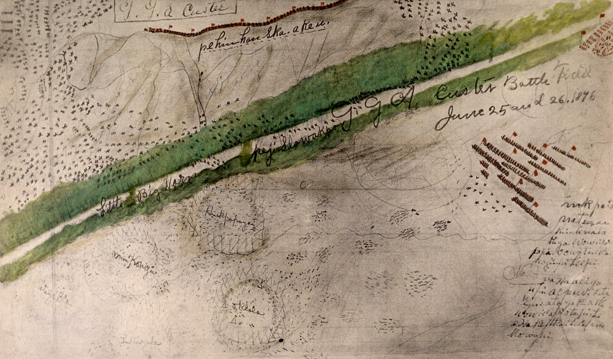 Carta topografica del campo di battaglia di Little Big Horn da Amos Bad Heart Buffalo