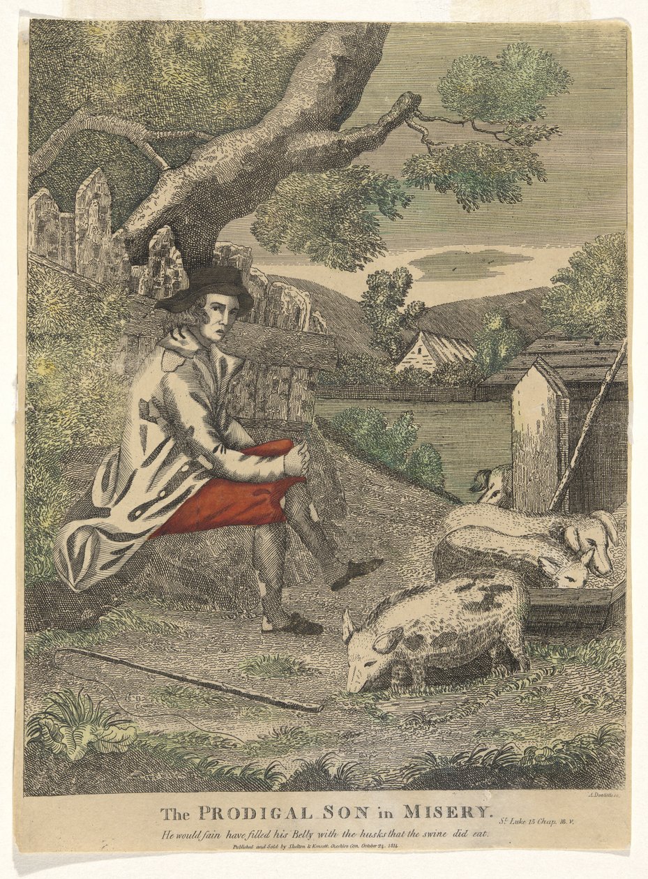 Il figliol prodigo nella miseria (Avrebbe voluto riempirsi la pancia con le carrube che mangiavano i porci - San Luca 15, 16) da Amos Doolittle