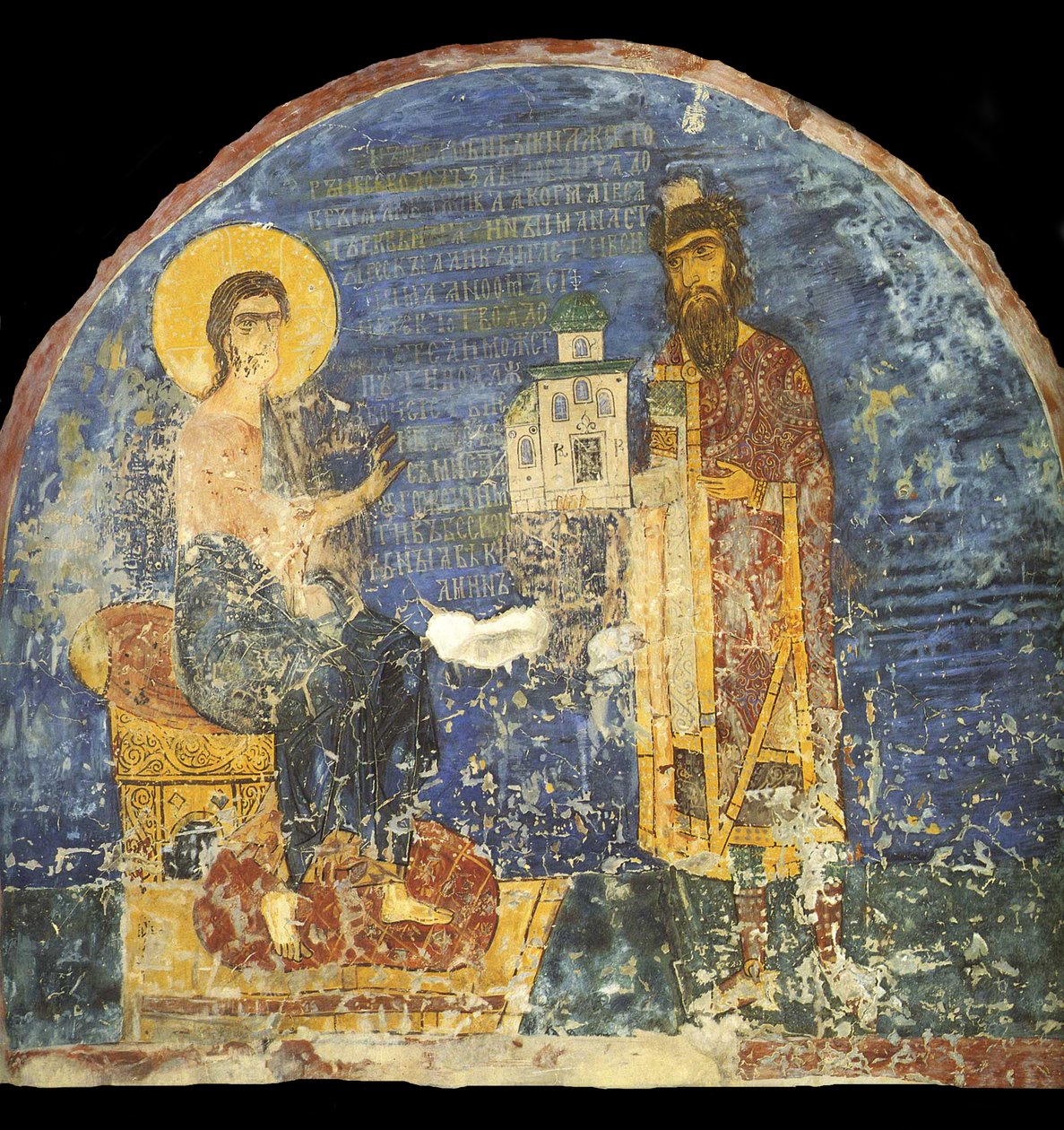 Gran Principe Yaroslav II Vsevolodovich con modello della Chiesa di Nereditsa davanti a Cristo, 12° secolo da Ancient Russian frescos