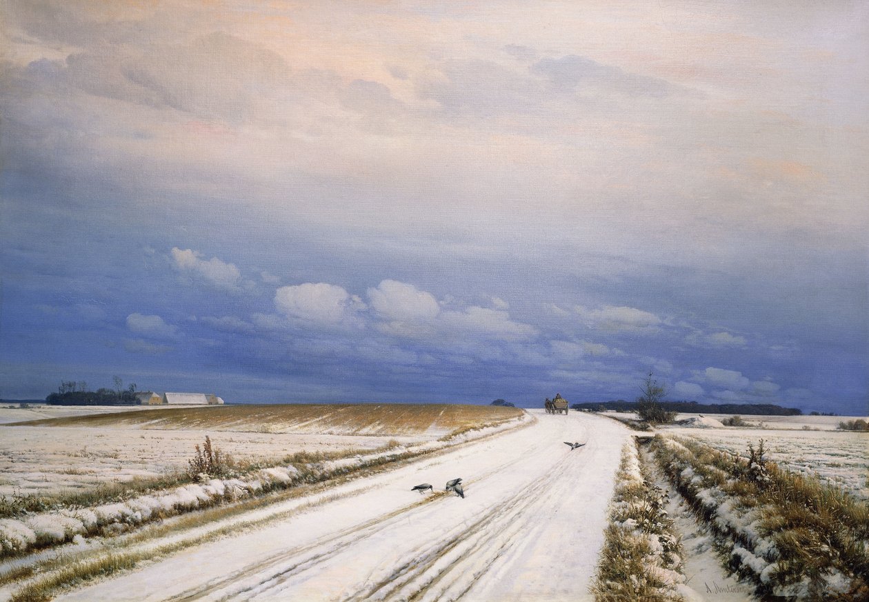 Paesaggio invernale con cavallo e carro da Anders Andersen Lundby