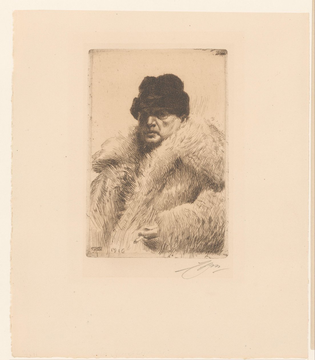 Autoritratto con pelliccia e cappello da Anders Leonard Zorn (signed by artist)