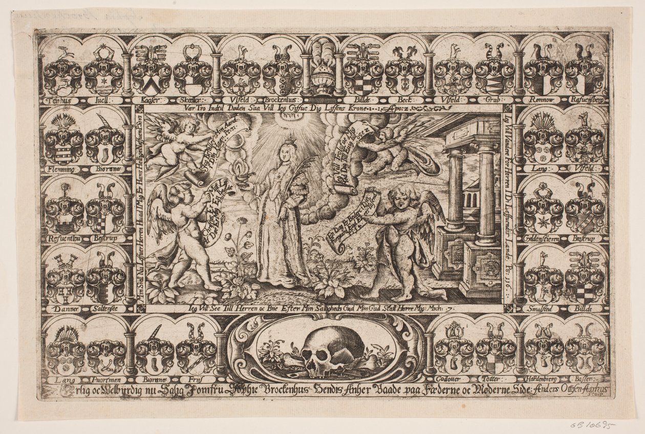 Sophie Brockenhuus e quattro geni, circondati da stemmi. Da un sermone funebre da Anders Ottesen