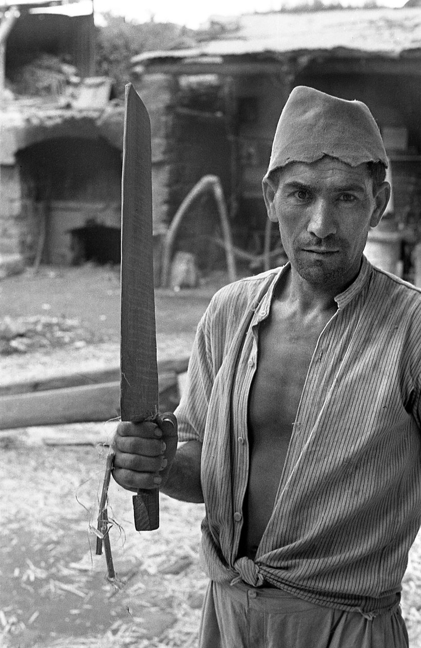 LAVORAZIONE DELLA CANAPA, UN OPERAIO CON UNA "SPATOLA" da Ando Gilardi