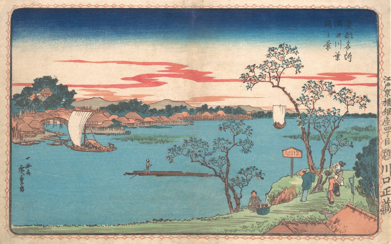 Veduta degli alberi di ciliegio in foglia lungo il fiume Sumida, 1831 da Ando Hiroshige