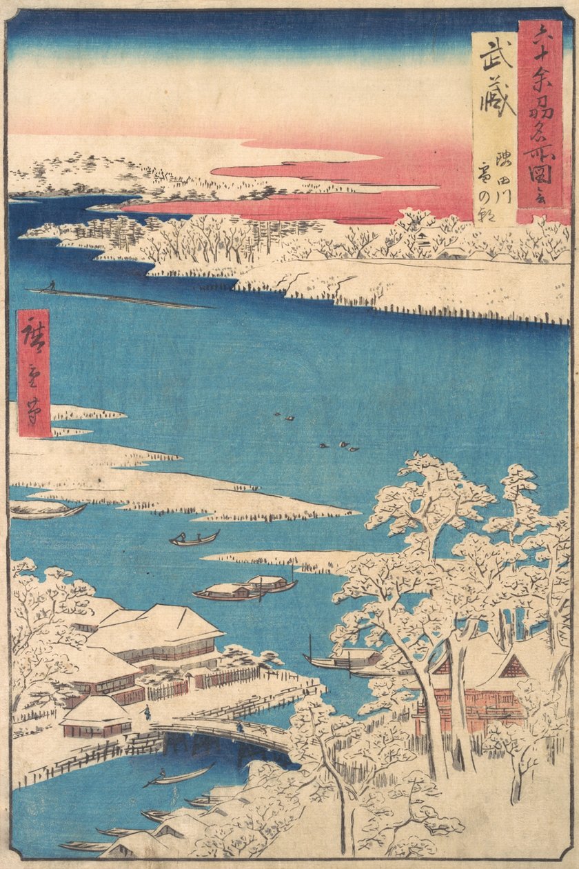 Mattina dopo una nevicata, il fiume Sumida, provincia di Musashi, dalla serie Vedute di..., ca. 1853 da Ando Hiroshige