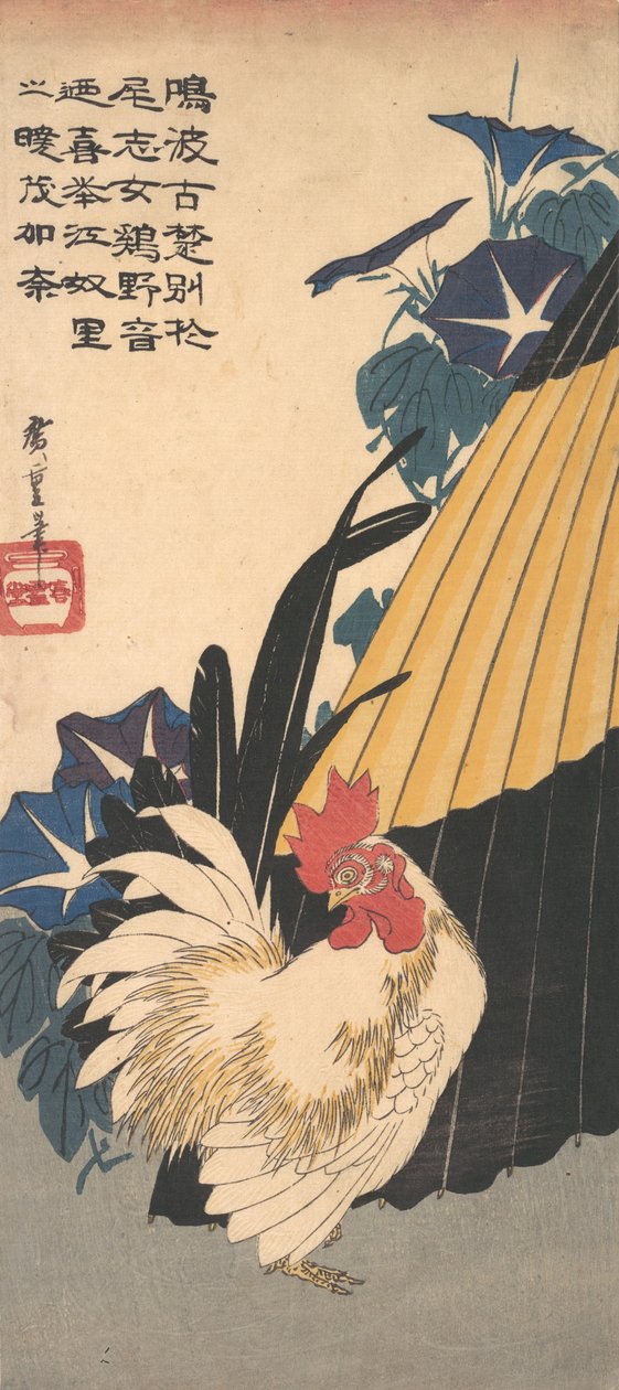 Gallo, ombrello e glorie del mattino, ca. 1830 da Ando Hiroshige