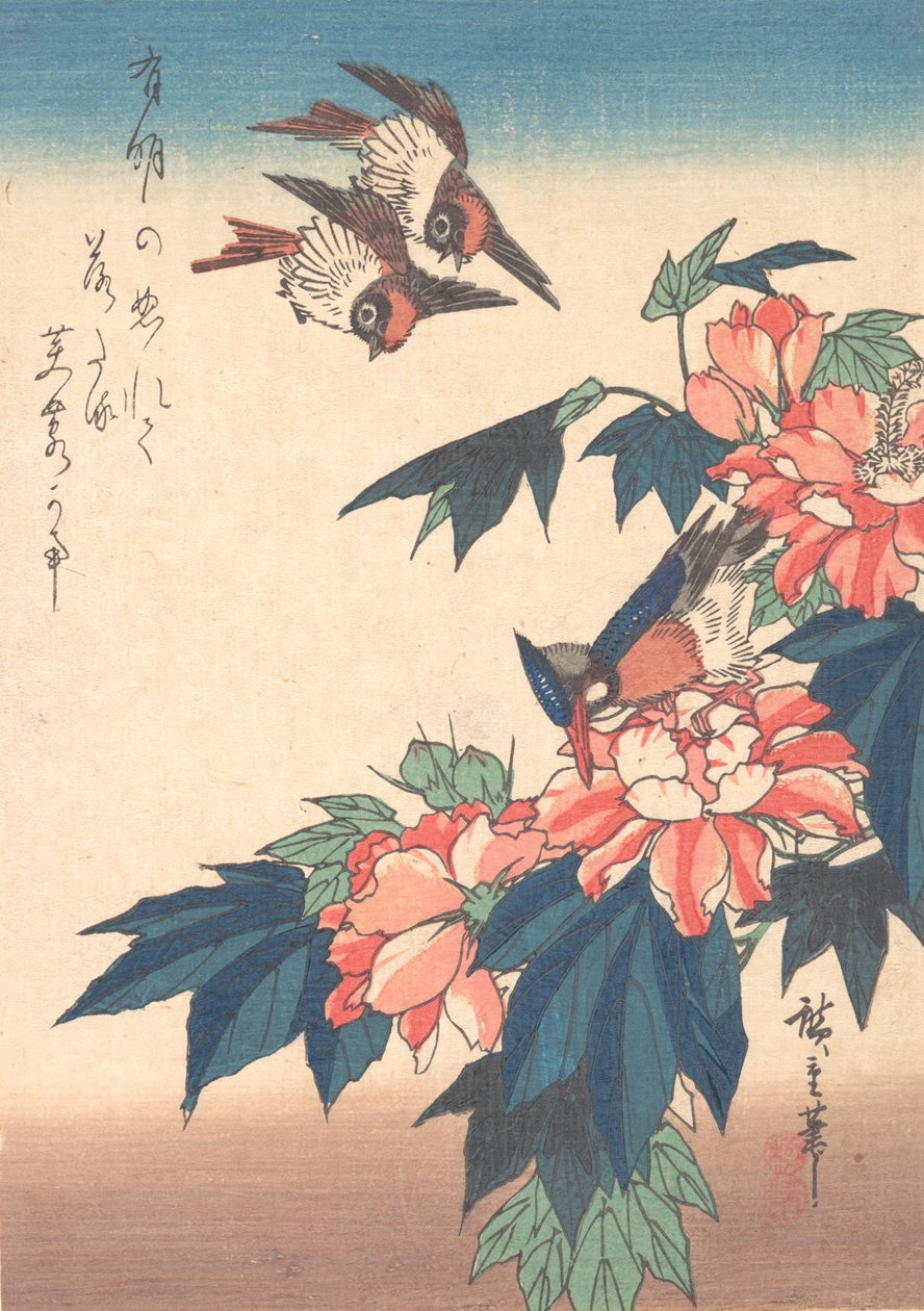 Rondini e martin pescatore con ibischi, ca. 1838 da Ando Hiroshige