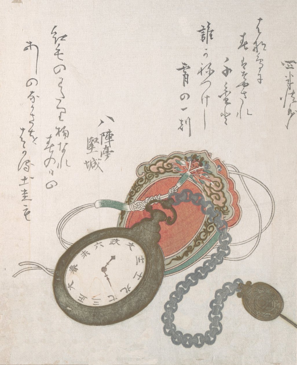 Orologio da tasca occidentale dalla collezione Pioggia di Primavera Harusame shu, vol. 3, datato 1823 da Ando Hiroshige