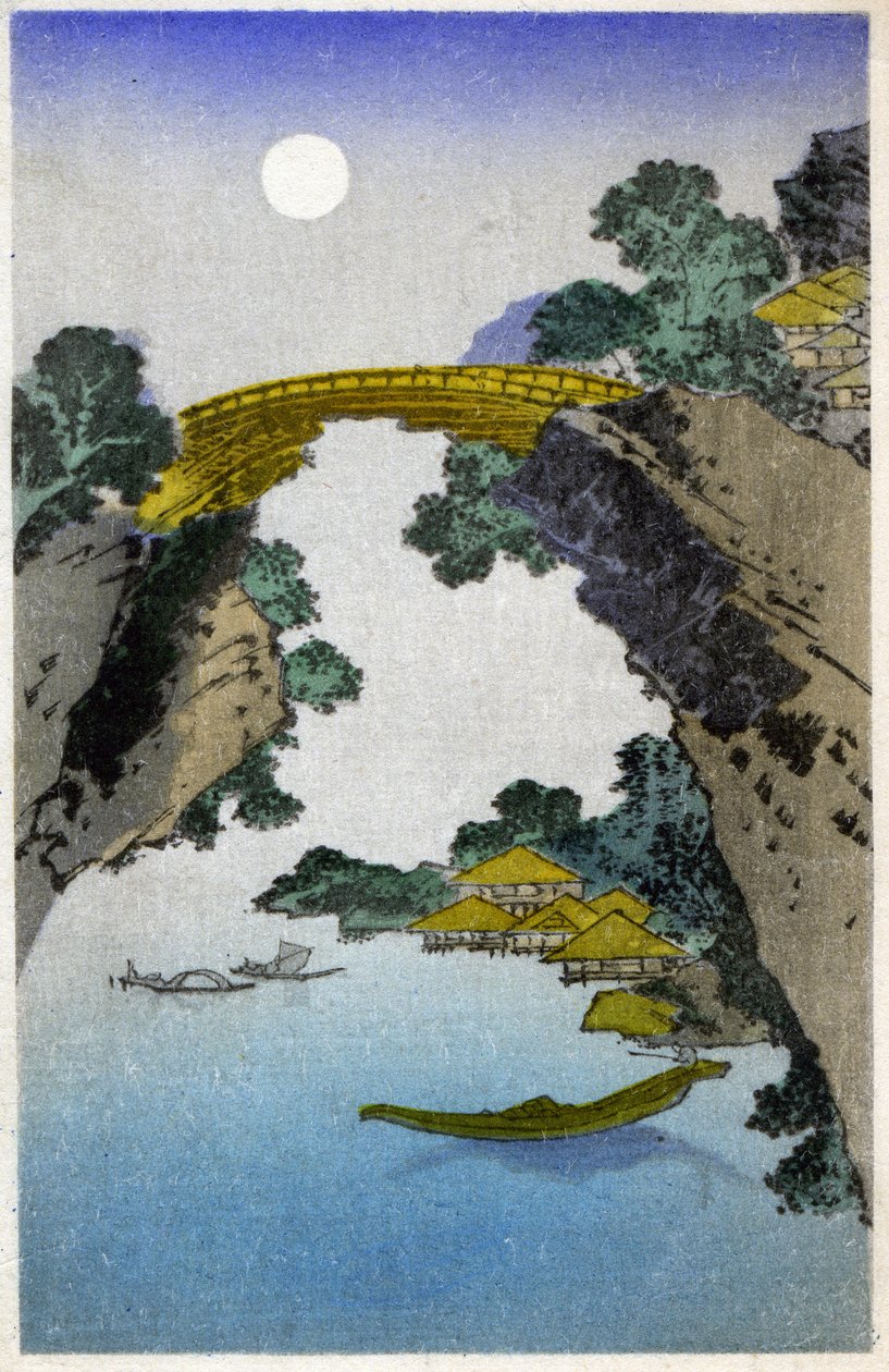 Geografia. Giappone. Ponte. Xilografia di Hiroshige in: Cinquantatré Stazioni del Tokaido (1833-1834). Cartolina, Giappone, c.1900 da Ando or Utagawa (after) Hiroshige