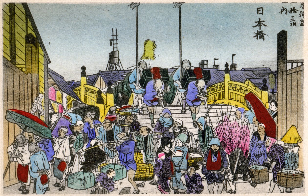 Geografia. Giappone. Il bagliore del mattino al Nihonbashi (1ª stazione). Xilografia di Hiroshige in: Cinquantatré stazioni del Tokaido (1833-1834). Cartolina, Giappone, c.1900 da Ando or Utagawa (after) Hiroshige