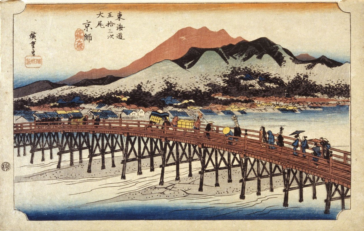 Figure che attraversano il ponte da Ando or Utagawa Hiroshige