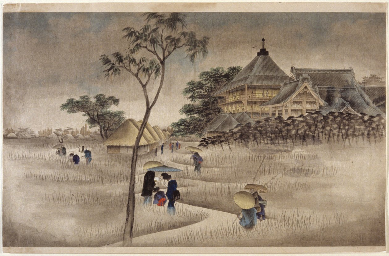 (Grande edificio con capanne sotto) da Ando or Utagawa Hiroshige