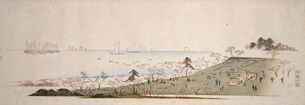 Tempo di fioritura dei ciliegi, persone che fanno picnic a Gotenyama da Ando or Utagawa Hiroshige