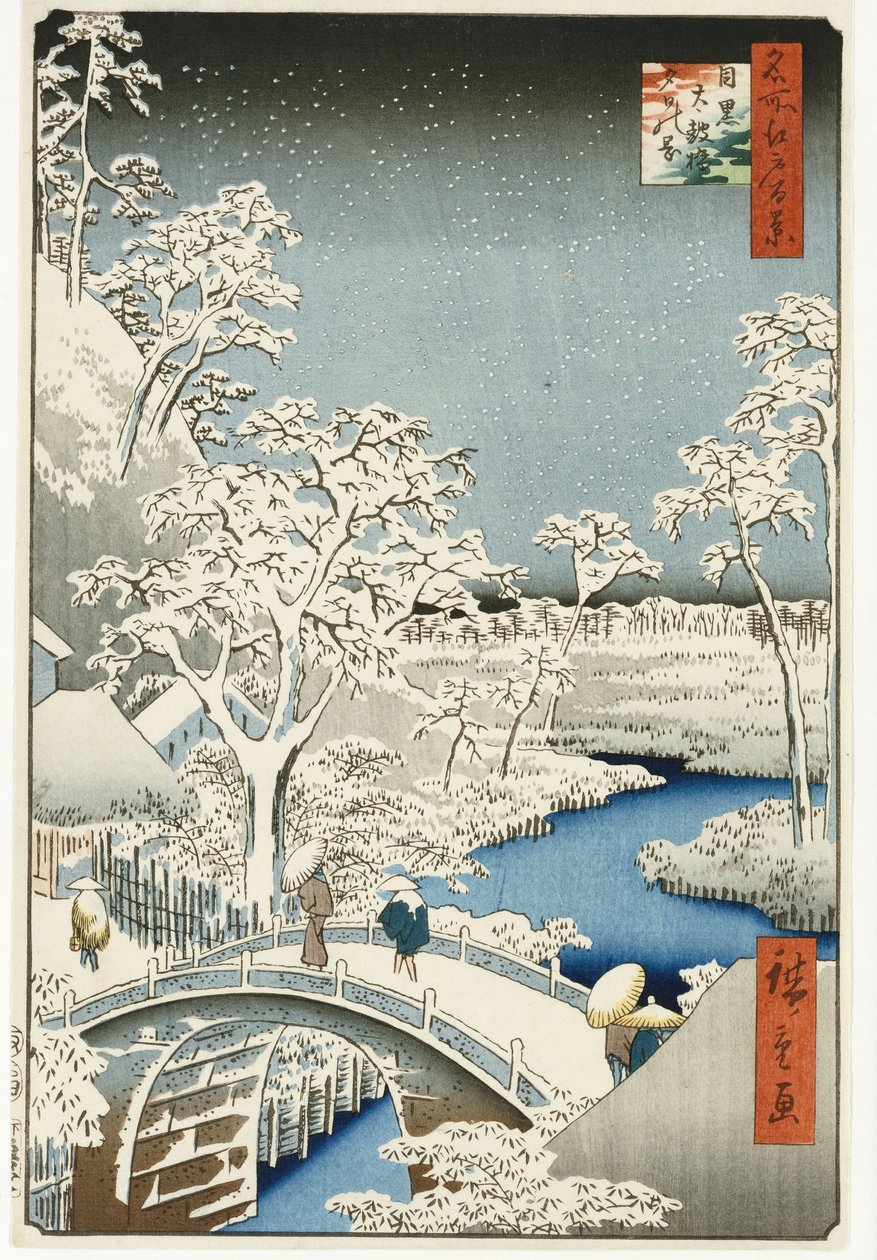Ponte del tamburo e collina del "Sole calante", Meguro, dalla serie "Cento vedute di luoghi famosi di Edo" da Ando or Utagawa Hiroshige