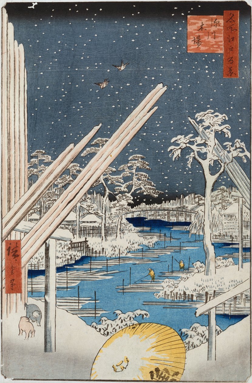 Depositi di legname a Fukagawa, dalla serie "Cento vedute di luoghi famosi di Edo" da Ando or Utagawa Hiroshige