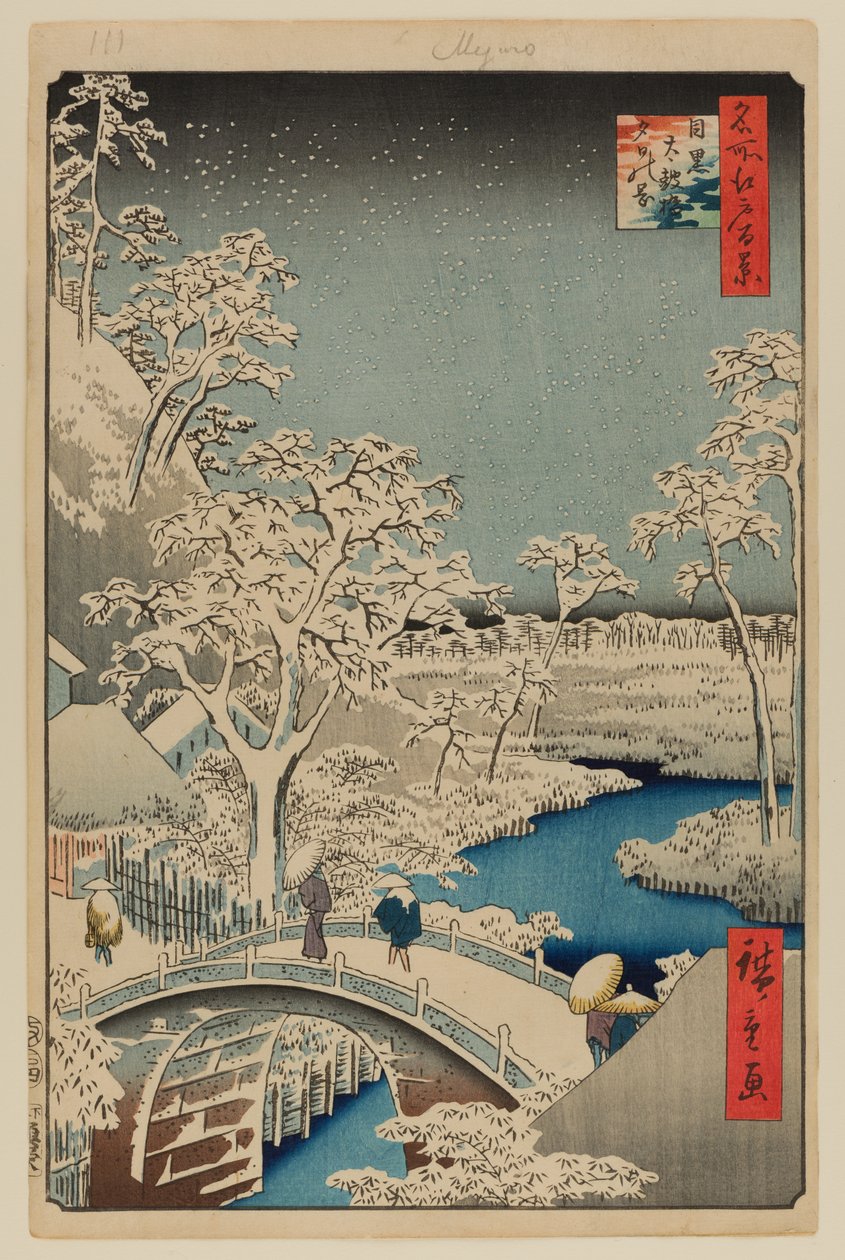 Il ponte dei tamburi di Meguro e la collina del tramonto da Ando or Utagawa Hiroshige
