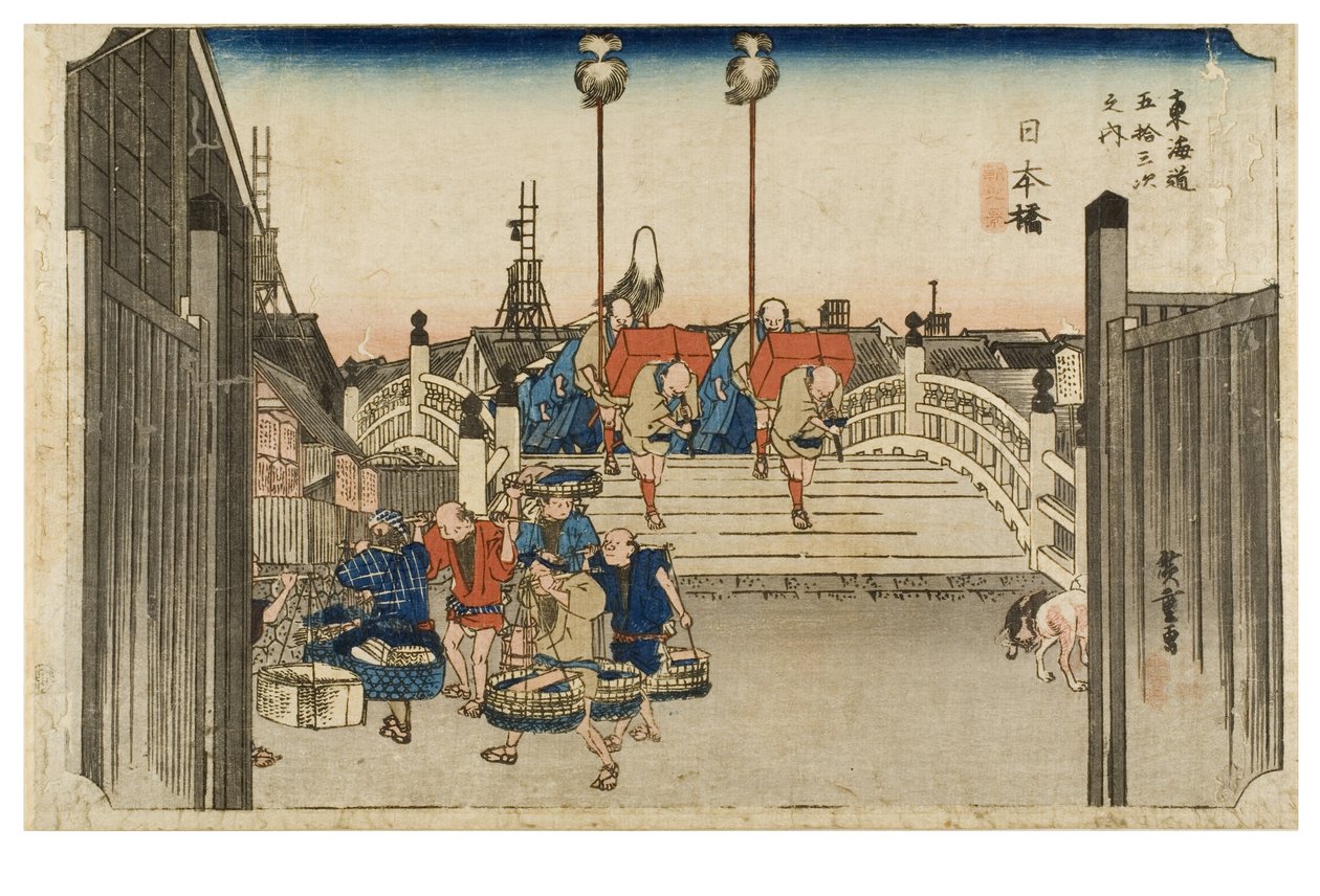 Nihonbashi: vista mattutina dalla serie Le cinquantatré stazioni del Tokaido da Ando or Utagawa Hiroshige