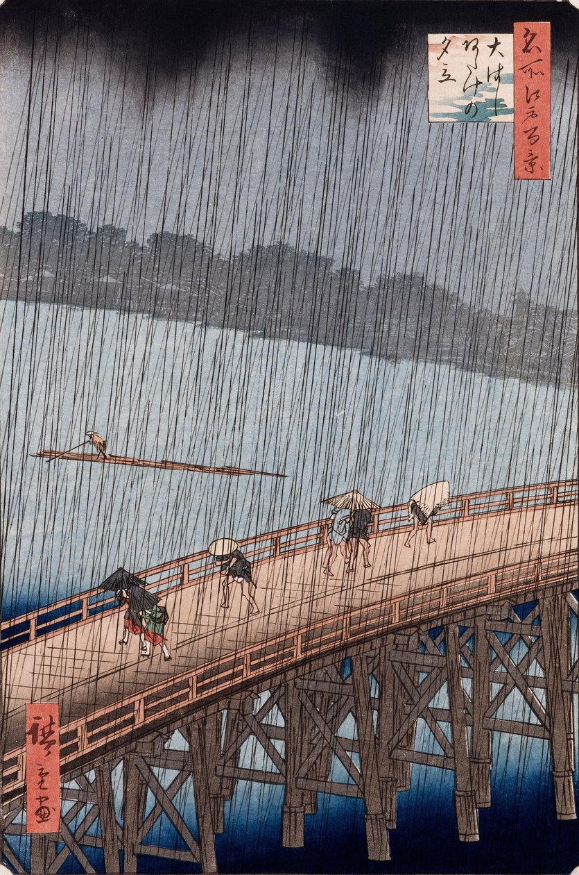 Ohashi, Pioggia improvvisa ad Atake, dalla serie "Cento vedute di luoghi famosi di Edo" da Ando or Utagawa Hiroshige