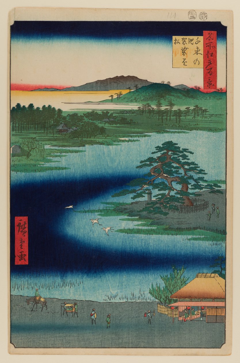 Pino pendulo, stagno di Senzoku da Ando or Utagawa Hiroshige