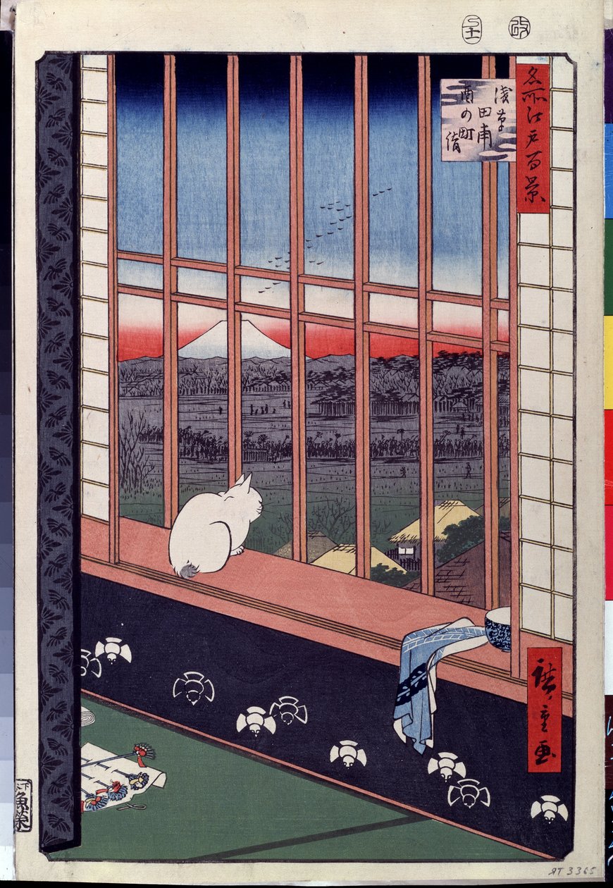 Serie "Le cento vedute celebri di Edo": "Le risaie di Asakusa durante la festa del gallo, un gatto seduto sul davanzale" da Ando or Utagawa Hiroshige