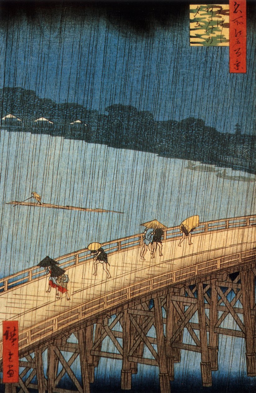 Doccia improvvisa (yudashi) sul ponte Ohashi, Giappone, incisione di Ando Hiroshige da Ando or Utagawa Hiroshige