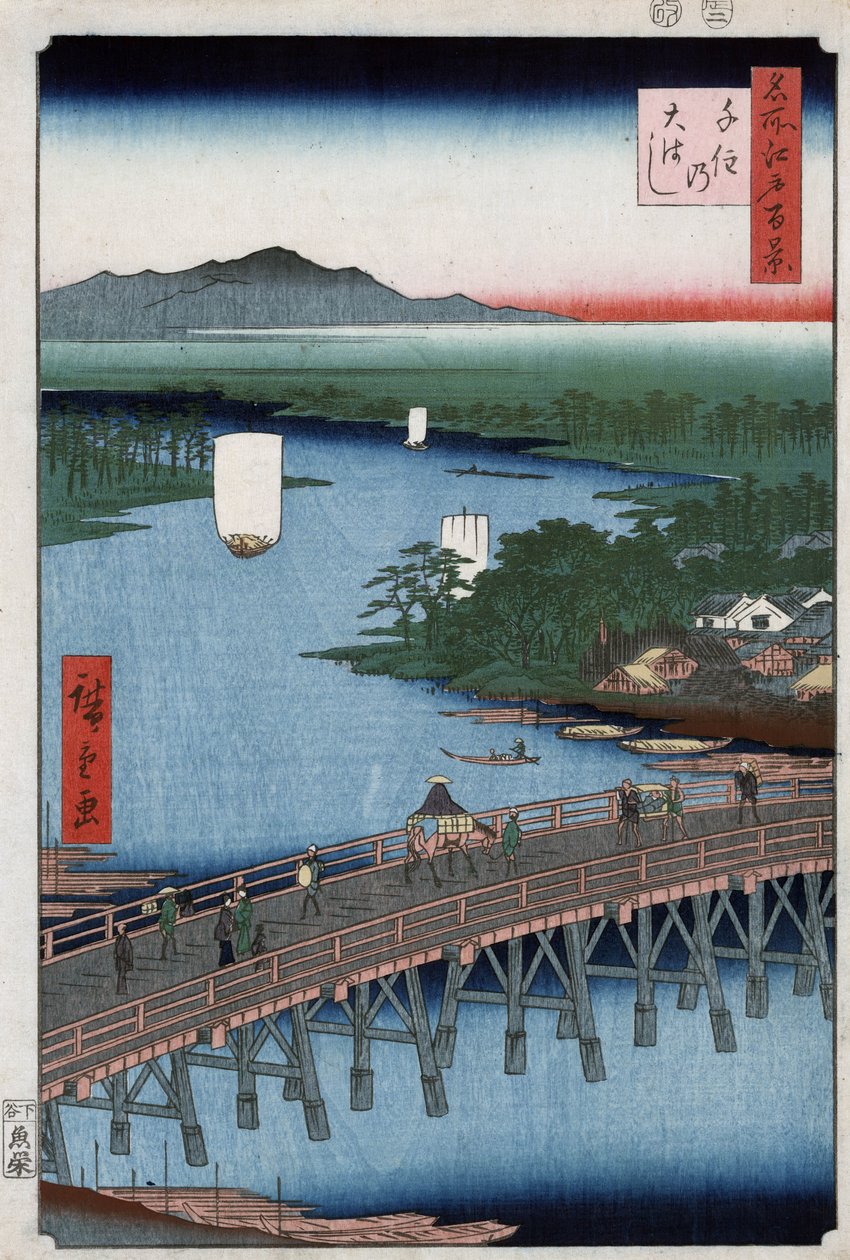 Il grande ponte di Senju che attraversa il fiume Sumida, con montagne sullo sfondo, xilografia di Ando Hiroshige da Ando or Utagawa Hiroshige