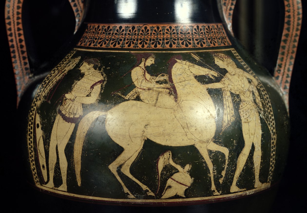 Anfora attica a figure bianche raffigurante amazzoni che si preparano alla battaglia, c.525-520 a.C. (dettaglio) da Andokides Painter