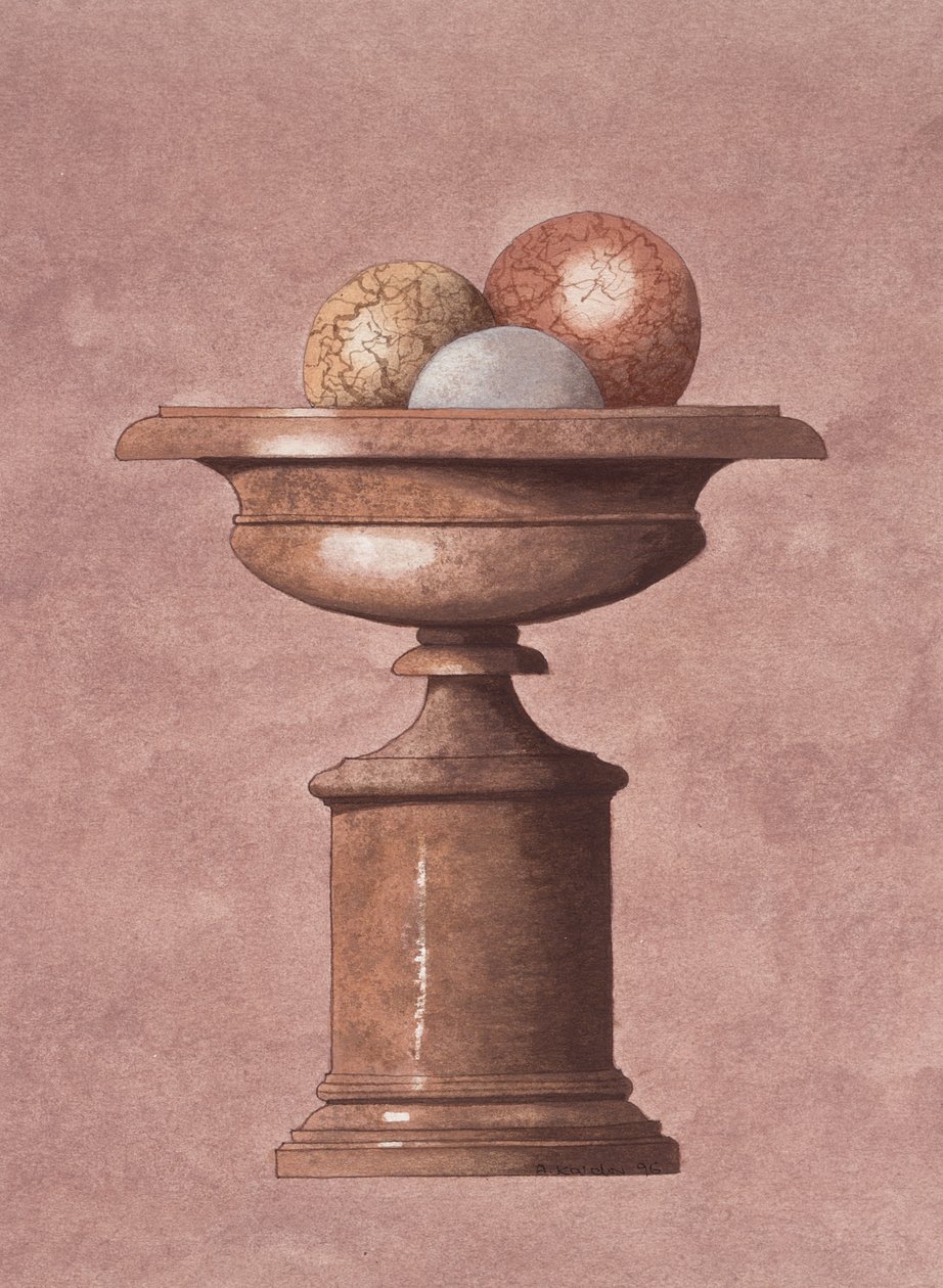 Vaso in marmo, palline marroni, blu e gialle da Andras Kaldor