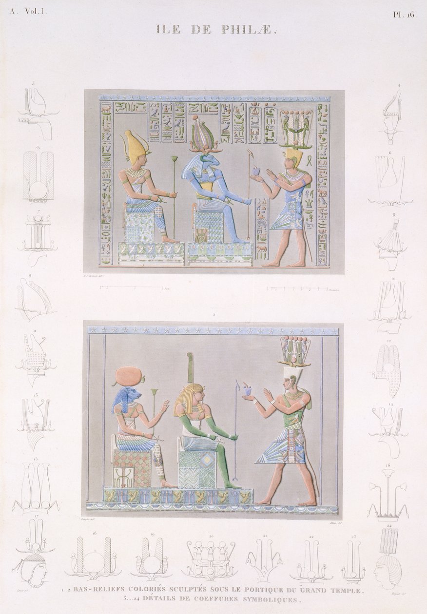 Bassorilievi colorati scolpiti sul portico del Grande Tempio con dettagli dei simboli, l