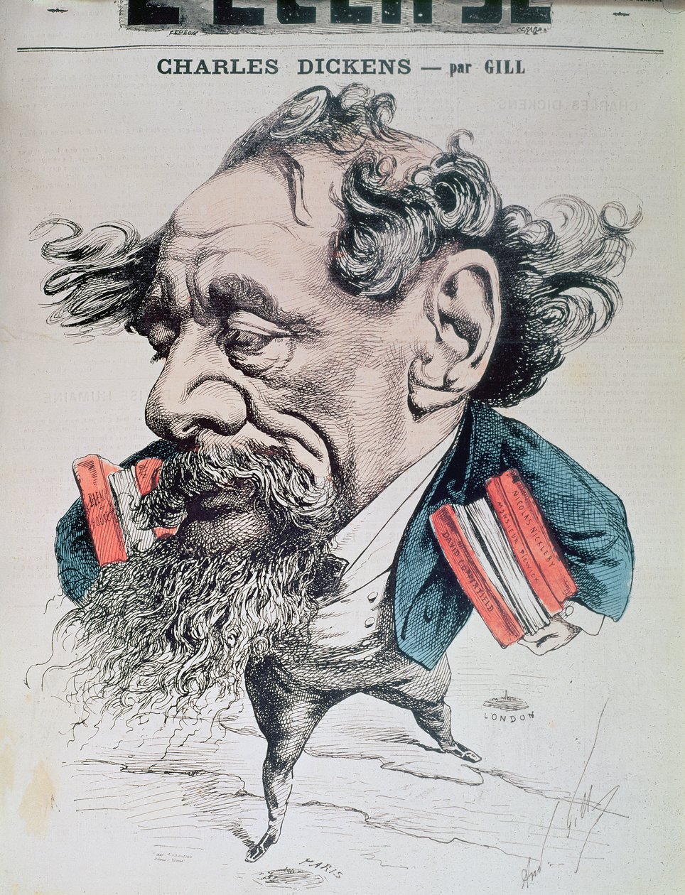 Charles Dickens a cavallo del Canale della Manica, illustrazione di copertina da 