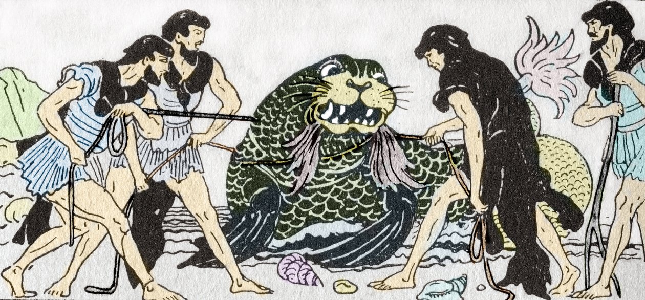 Odissea di Omero: Menelao che ritorna dalla guerra di Troia, catturando con i suoi compagni il dio Proteo sull