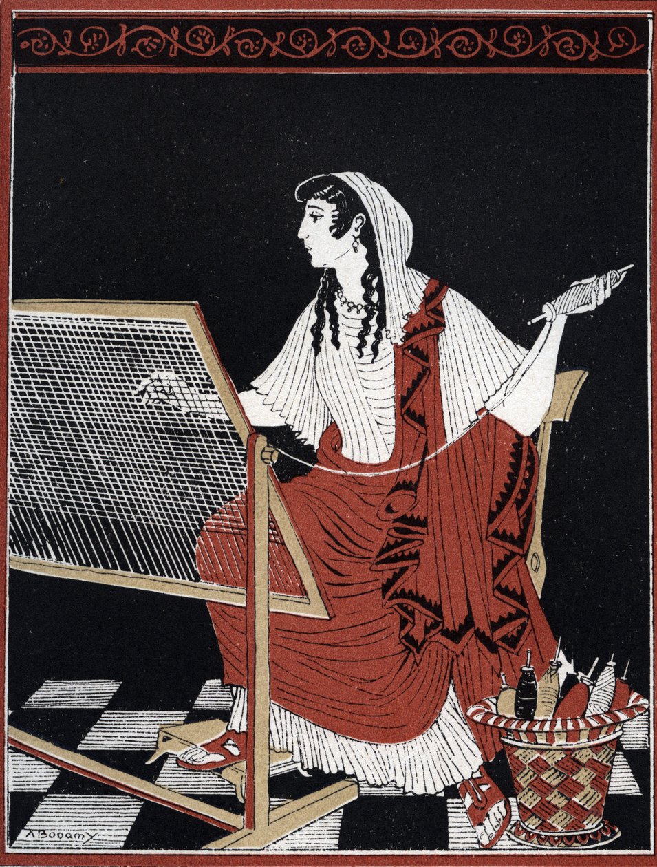 Odissea di Omero: Penelope che disfa e rifà costantemente il suo arazzo mentre aspetta il ritorno di Ulisse) Illustrazione di Andre Bonamy (1880-1943) in "Il ritorno di Ulisse" di Jean Baptiste Coissac da Andre Bonamy