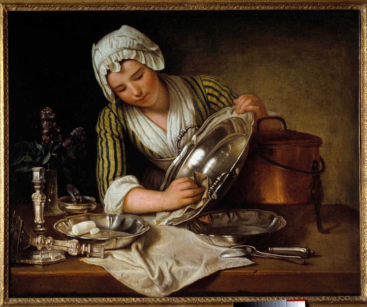 Serva che lucida un piatto o “La recureuse” Dipinto di Andre Bouys (1656-1740) 1737 Parigi, Arti Decorative da Andre Bouys