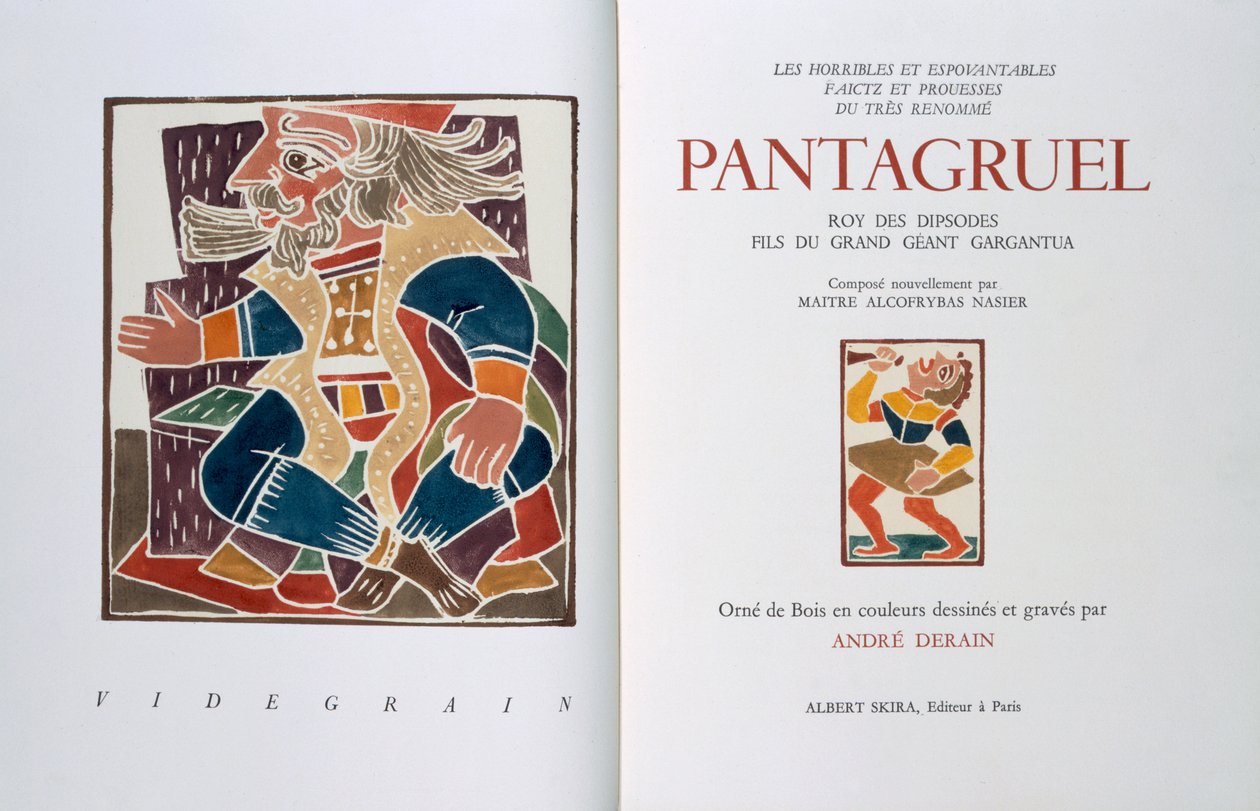Frontespizio di "Les horribles et espouvantables faictz et prouesses du tres renomme Pantagruel, Roy des Dipsodes, fils du grand geant Gargantua. Compose nouvellement par Maitre Alcofybras Nasier", di Francois Rabelais (c.1494-1553) 1943 (xilografia) da Andre Derain
