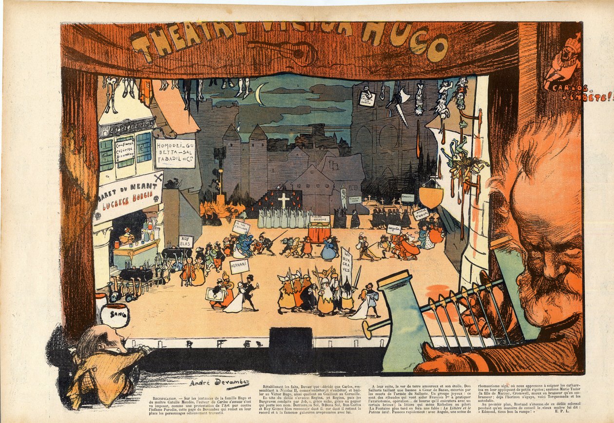 Teatro di Victor Hugo di André Devambez (1867-1944) caricatura in "Le rire" del 1902 da Andre Devambez