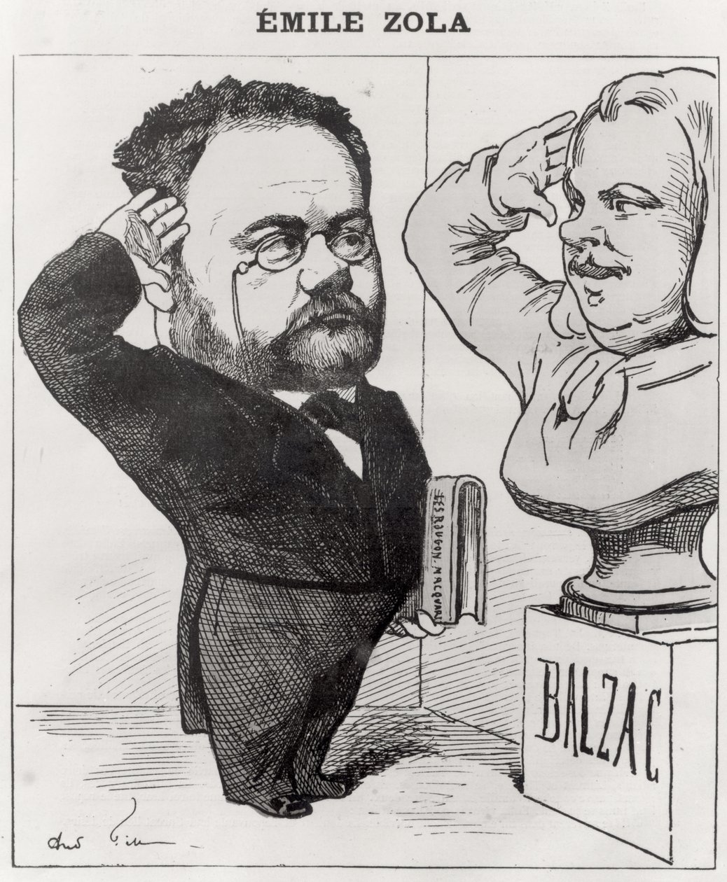 Caricatura di Emile Zola che saluta un busto di Honore de Balzac, 1878 da Andre Gill