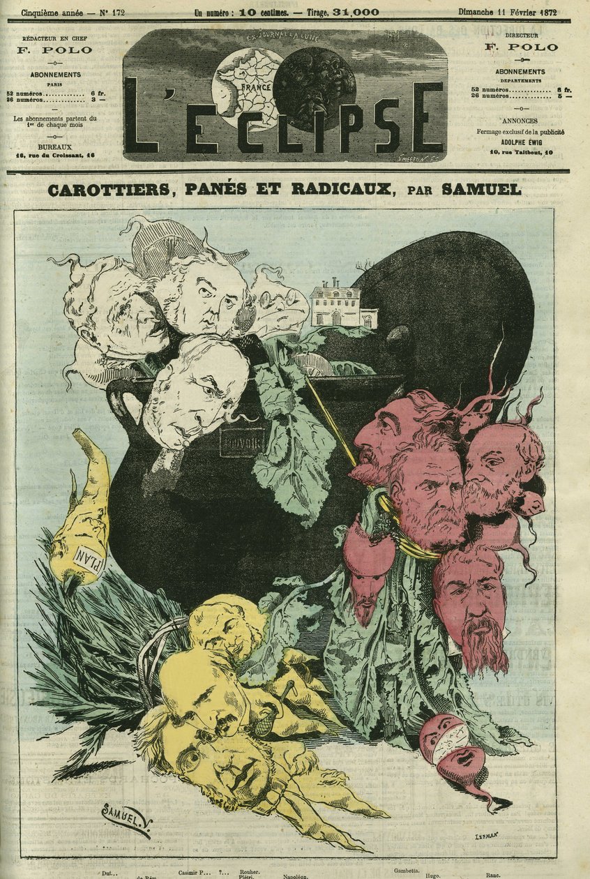 Carote, vetri e radicali, i diversi partiti politici in verdure nella pentola del potere. Disegno che sostituisce la caricatura di Gill, censurata. Copertina in "L