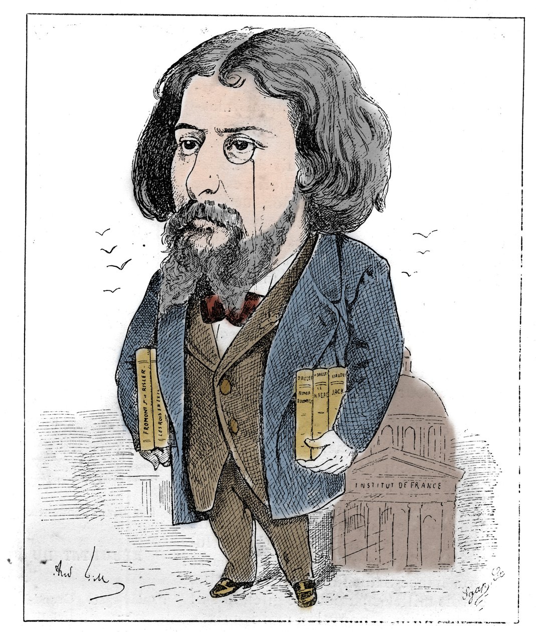 Caricatura di Alphonse Daudet (1840-1897), scrittore francese, rappresentato con i suoi libri e il suo monocolo davanti all