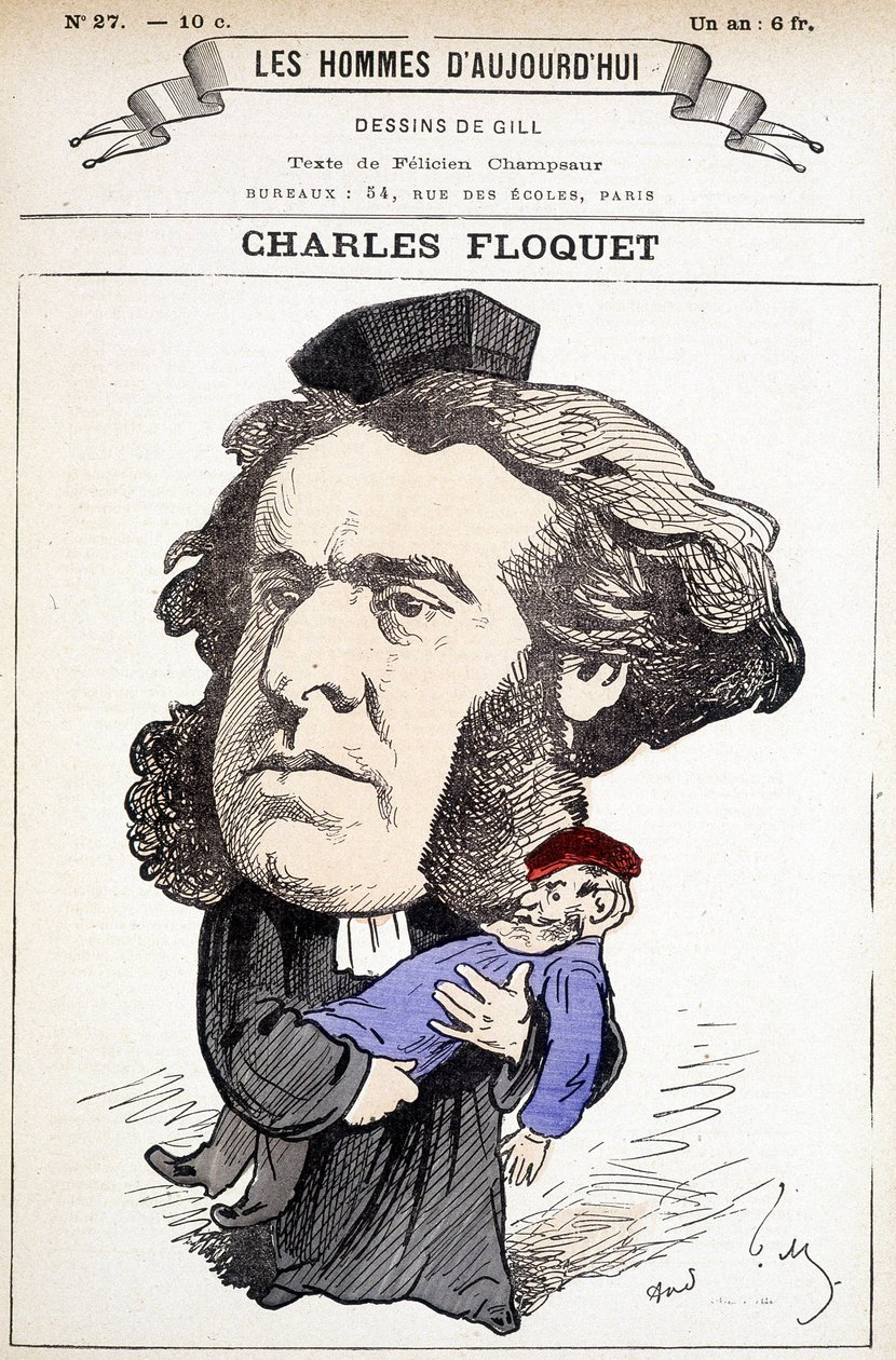 Caricatura di Charles Floquet (1828-1896), avvocato e presidente del Consiglio tra il 1888 e il 1889. Ferì il generale Boulanger in un duello, le cui idee combatteva. Disegno di Gill in 