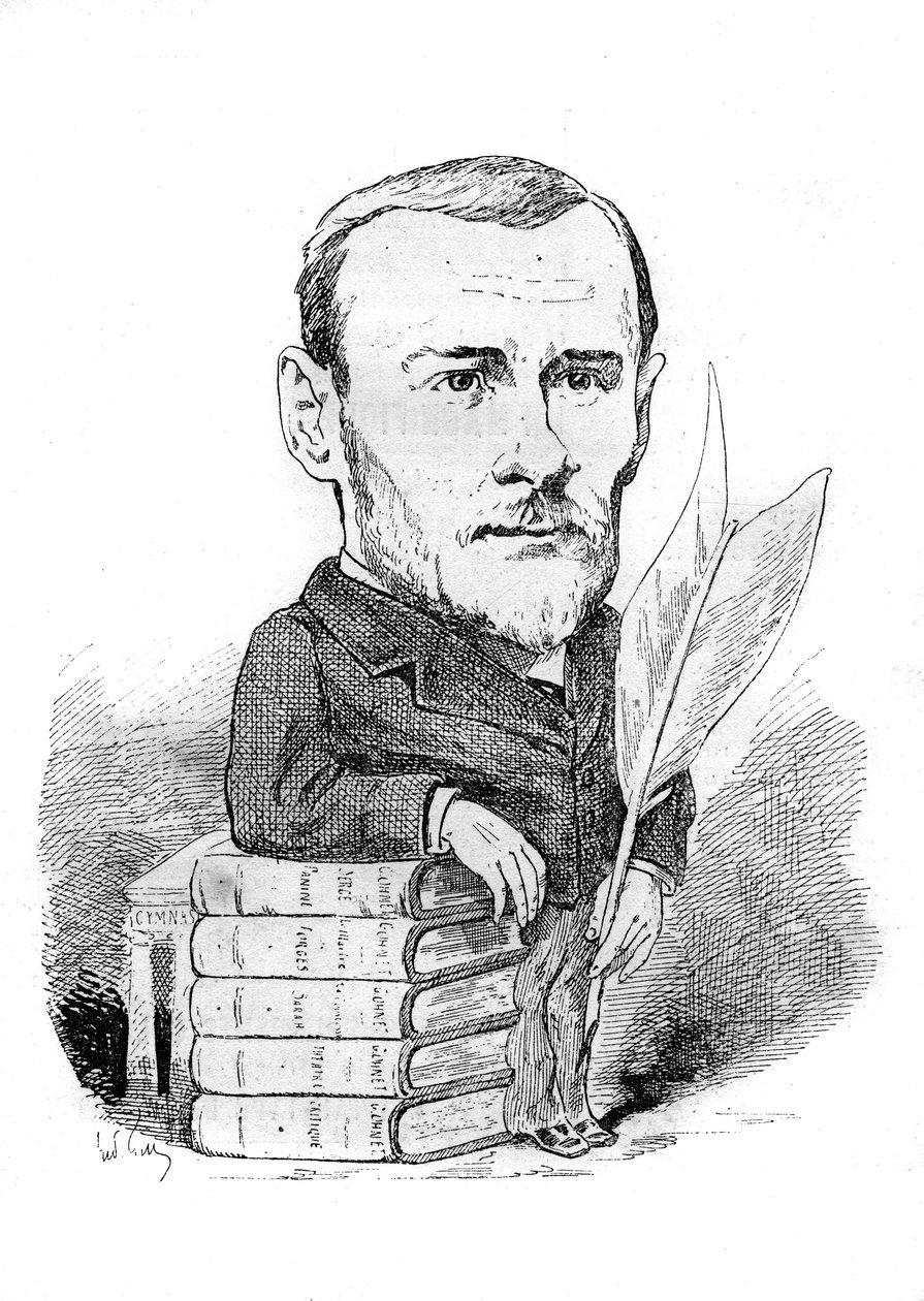 Caricatura di Georges Ohnet (1848-1918), scrittore francese rappresentato con i suoi libri e la sua penna. Disegno di André Gill. Incisione in "Le Monde Illustré" da Andre Gill